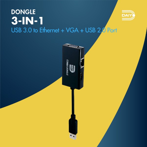 Daiyo CP 2606 USB 3.0 to VGA + LAN + Fast USB (3 in 1 Combo Dongle)